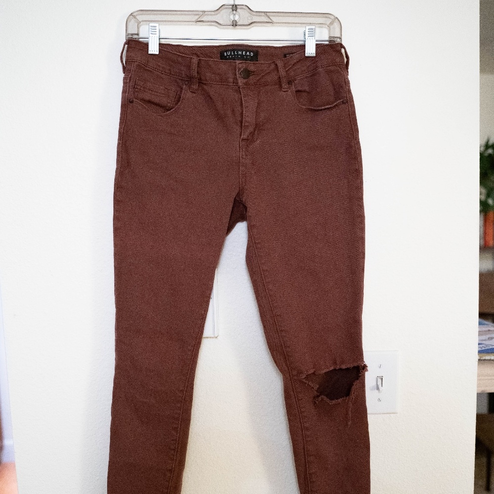 Maroon, Skinny Jeans, slightly distressed